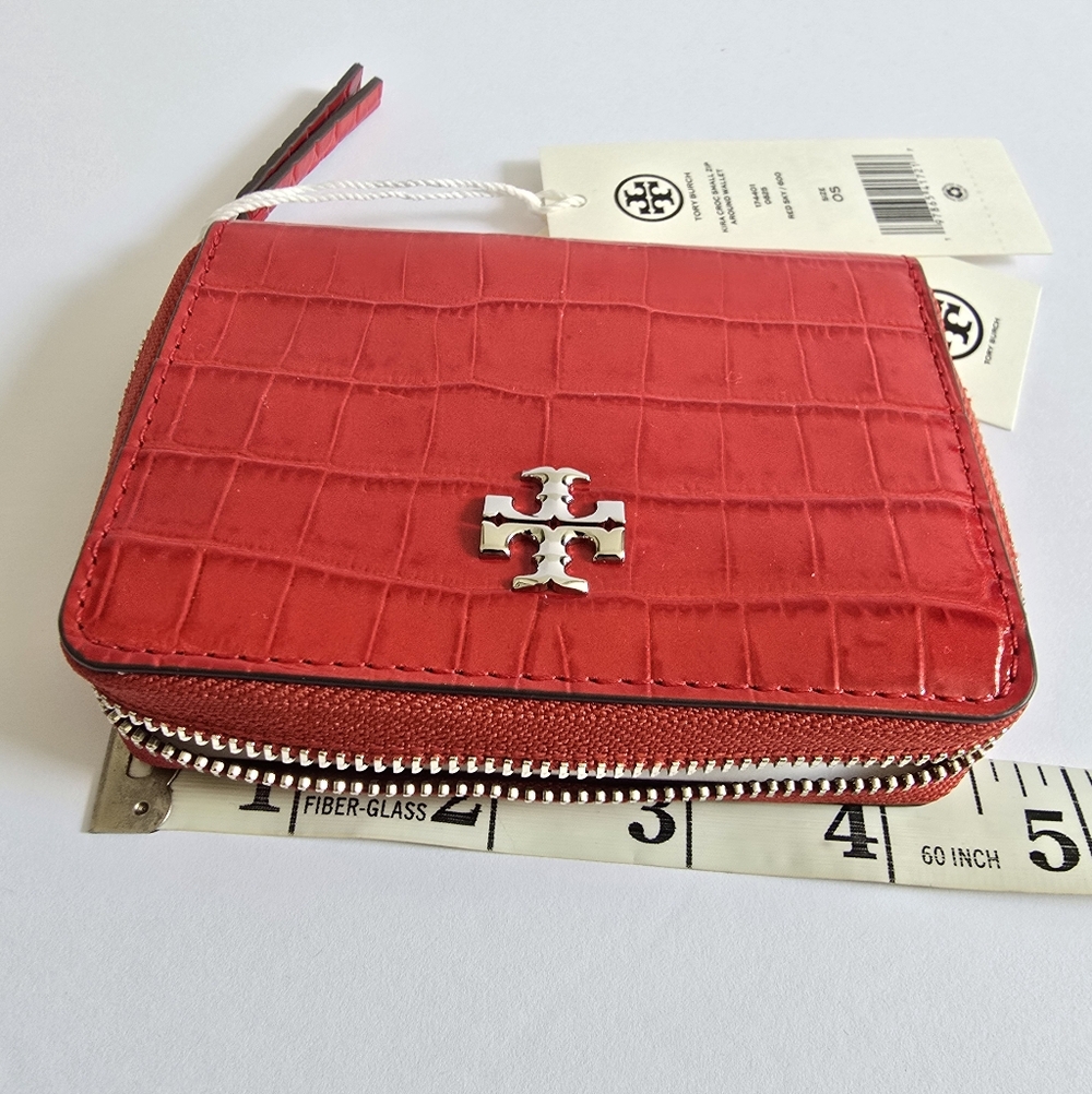 Tory Burch Small Kira Croc-Embossed Leather Zip-around Wallet Red Sky - Picture 7 of 8